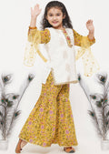 Little Bansi Girls Cotton Embroidery Kurta with floral sharara with Dupatta - White & Yellow | Grocsy