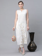 Ahalyaa Women Off White Pure Cotton Printed Kurta with Trousers | Grocsy