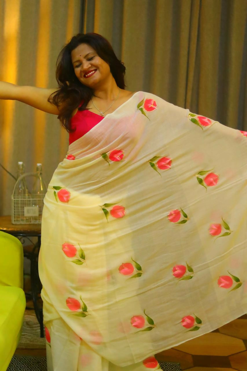 Exclusive Collection Beautiful Off White Pure Cotton Hand Print Handloom Saree With Running Blouse Piece | Grocsy