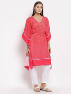 Myshka Women's Pink Cotton Printed 3/4 Sleeve V Neck Casual Kaftan | Grocsy