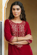 Juniper Maroon Ethnic Motif Printed Velvet Straight Kurta With Zari Work Embroidery | Grocsy