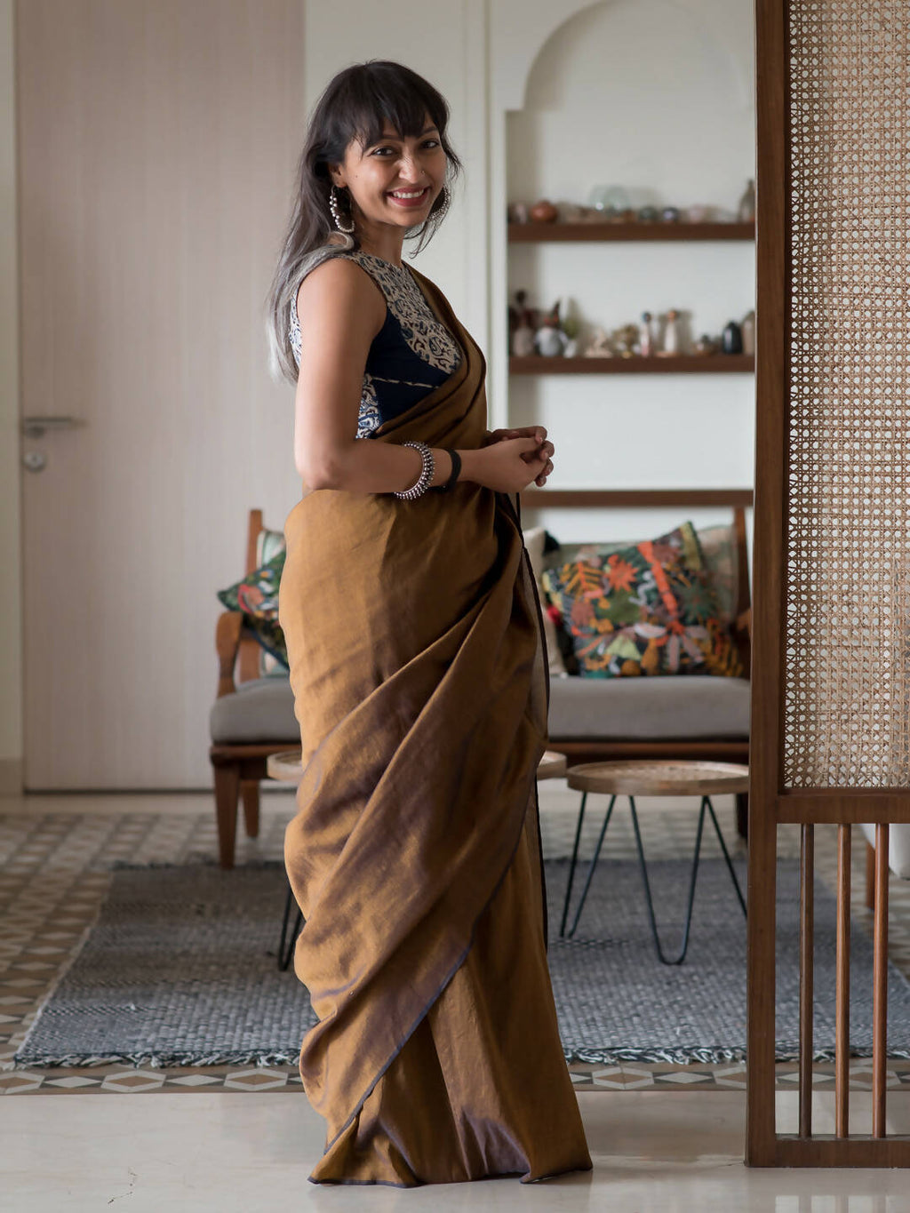 Suta Brown Solid Cotton Blend Saree | Grocsy