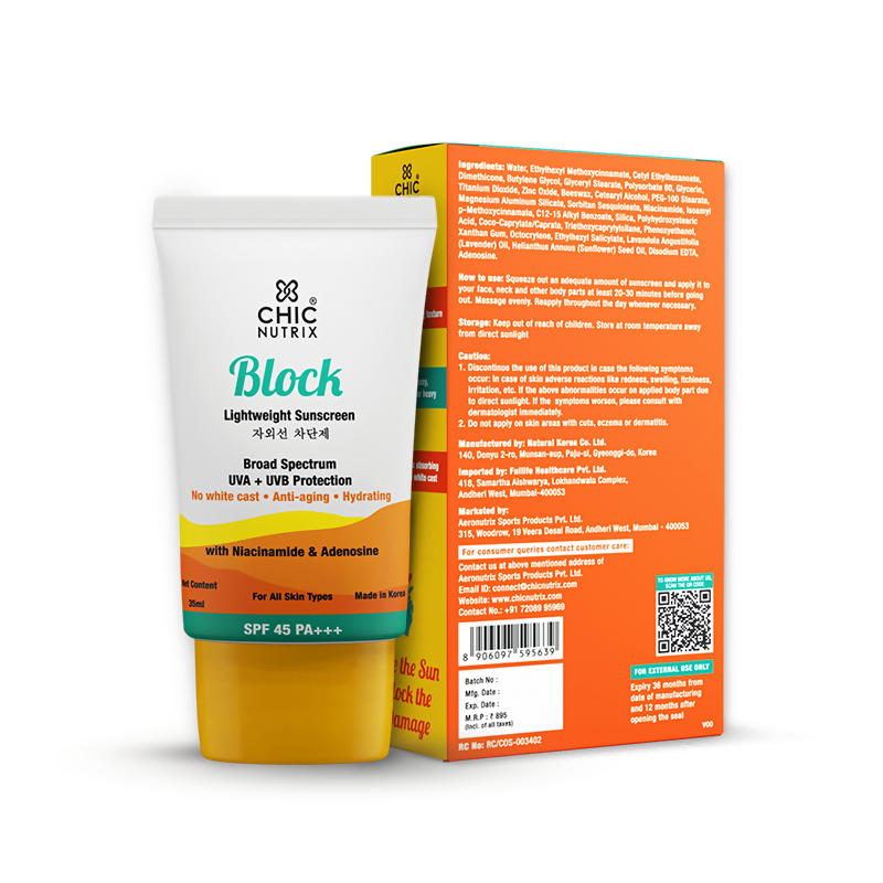 Chicnutrix Korean Skin Glow Protection Routine Combo - Chicnutrix Glow + Block Lightweight Sunscreen SPF 45 PA+++ | Grocsy
