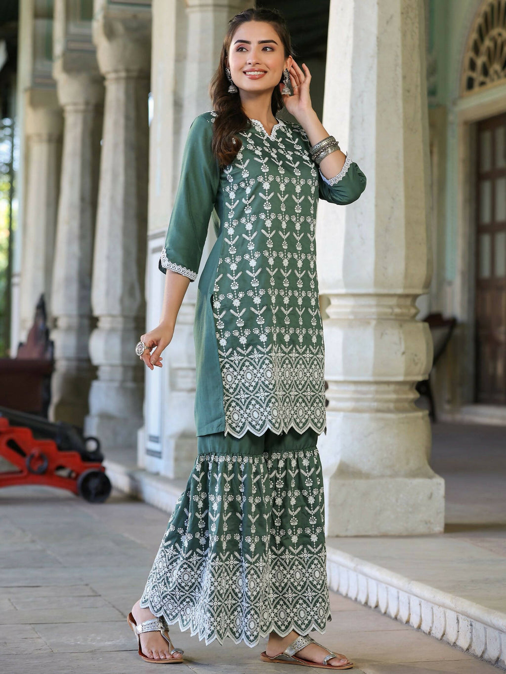 Juniper Women's Green Chinnon Embroidered Kurta Garara Set | Grocsy