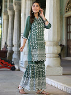 Juniper Women's Green Chinnon Embroidered Kurta Garara Set | Grocsy