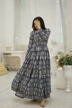 Aayaa Printed Faux Georgette with Embroidery Thread Sequins work Gown - Multi Color | Grocsy