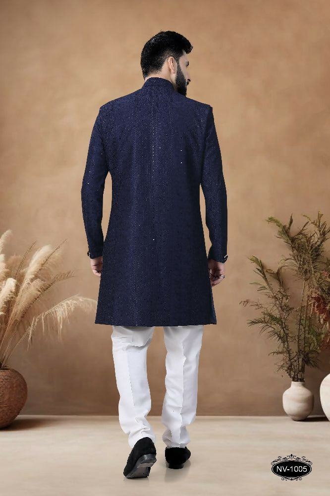 Joban Fashion Men's Blue Straight Silk Heavy Thread & Sequence Embroidery All Over Indo-Western Kurta Set | Grocsy