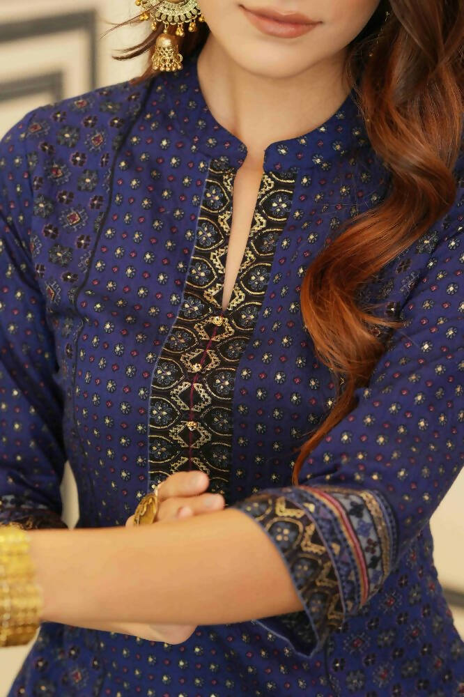 Juniper Indigo Rayon Festive Gold Foil Printed Straight Kurta For Women | Grocsy
