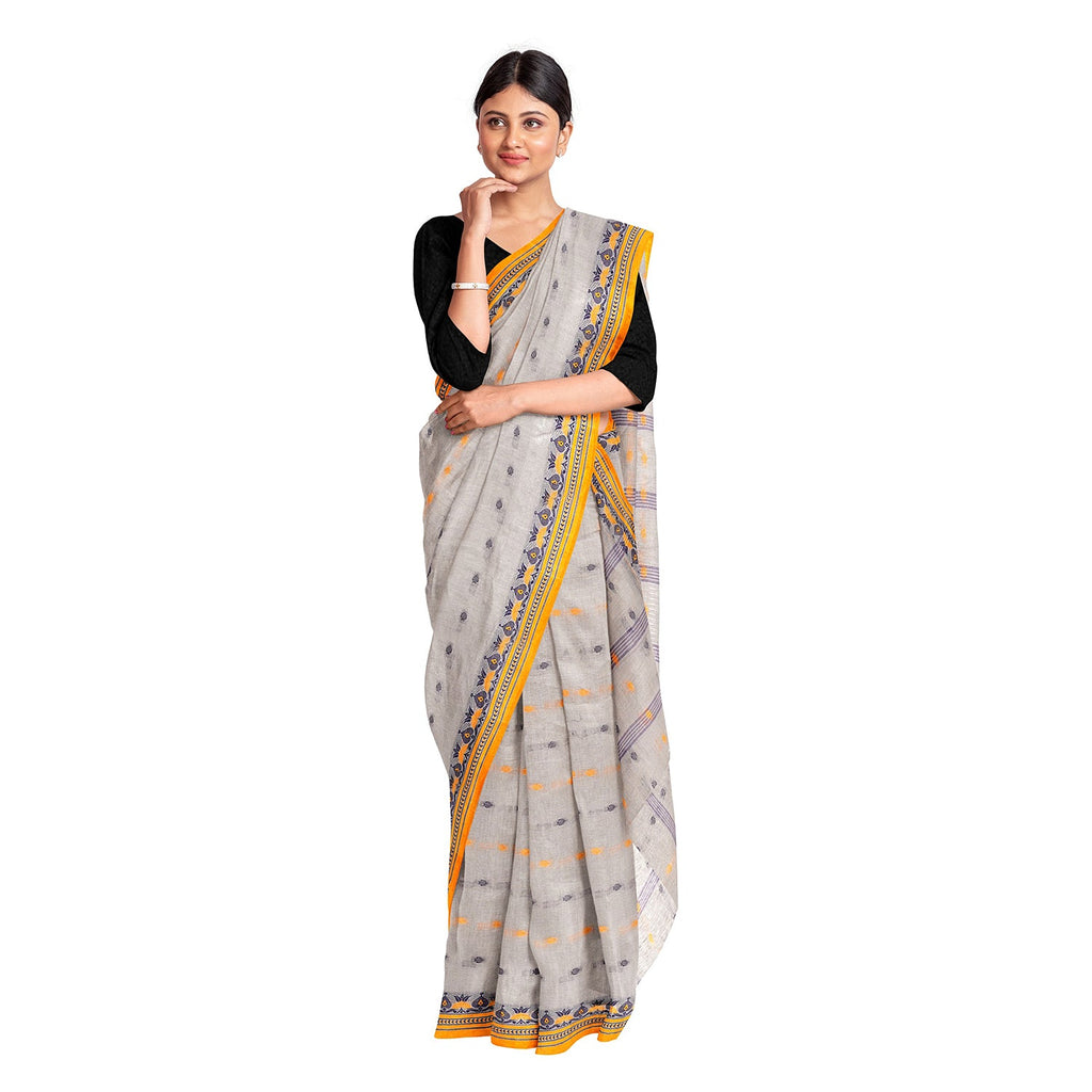Exclusive Collection 100% Pure Cotton Light Grey Tant Saree With Hand Weaving Work | Grocsy