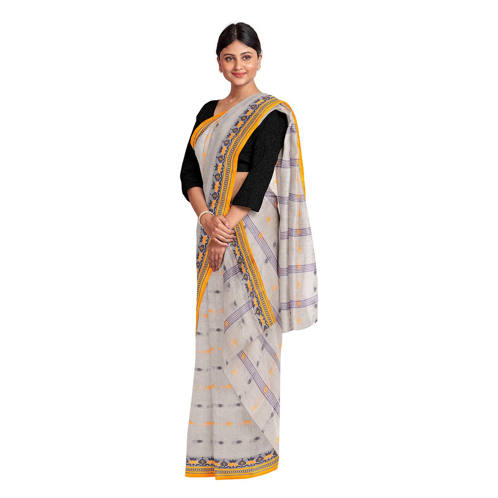 Exclusive Collection 100% Pure Cotton Light Grey Tant Saree With Hand Weaving Work | Grocsy