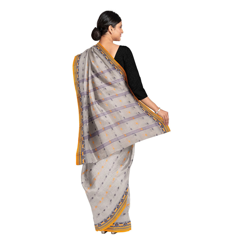 Exclusive Collection 100% Pure Cotton Light Grey Tant Saree With Hand Weaving Work | Grocsy