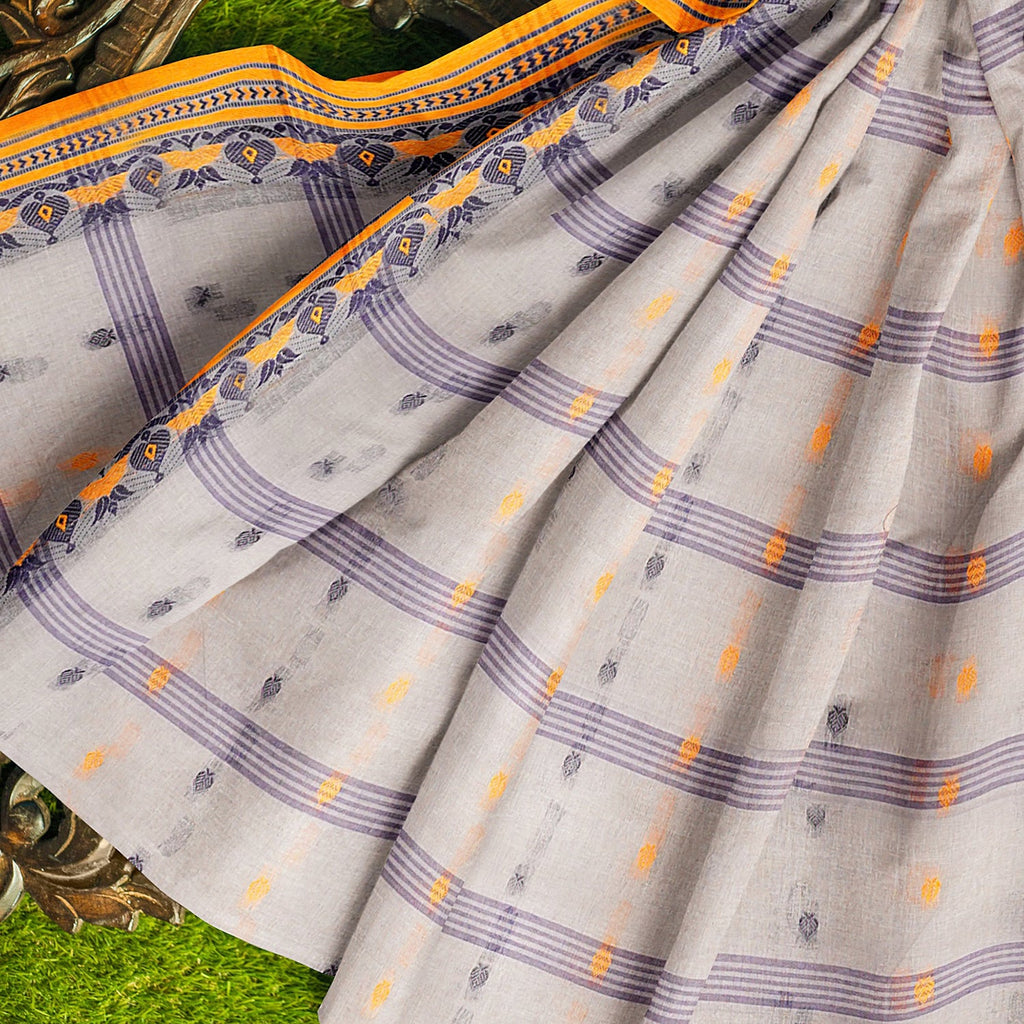 Exclusive Collection 100% Pure Cotton Light Grey Tant Saree With Hand Weaving Work | Grocsy