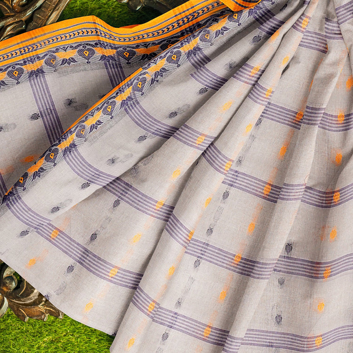 Exclusive Collection 100% Pure Cotton Light Grey Tant Saree With Hand Weaving Work | Grocsy