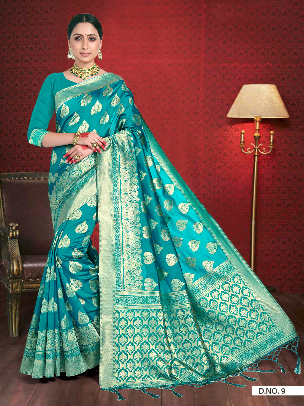 Vardha Teal Blue Woven Zari Betel Leaf Banarasi Saree | Grocsy