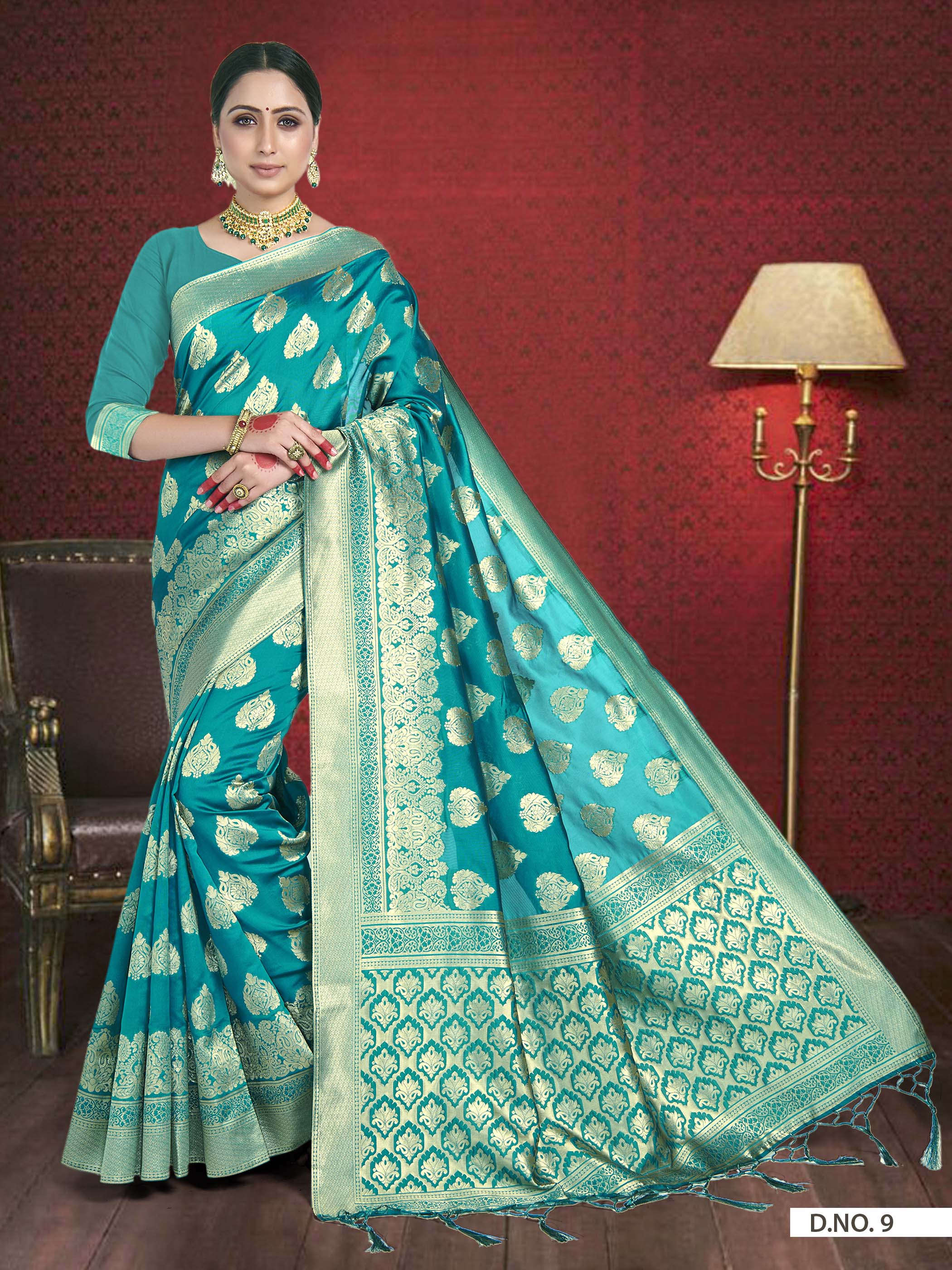 Vardha Teal Blue Woven Zari Betel Leaf Banarasi Saree | Grocsy