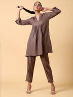 trueBrowns Cotton Linen Burnt Brown Pleated Co-Ord Set | Grocsy