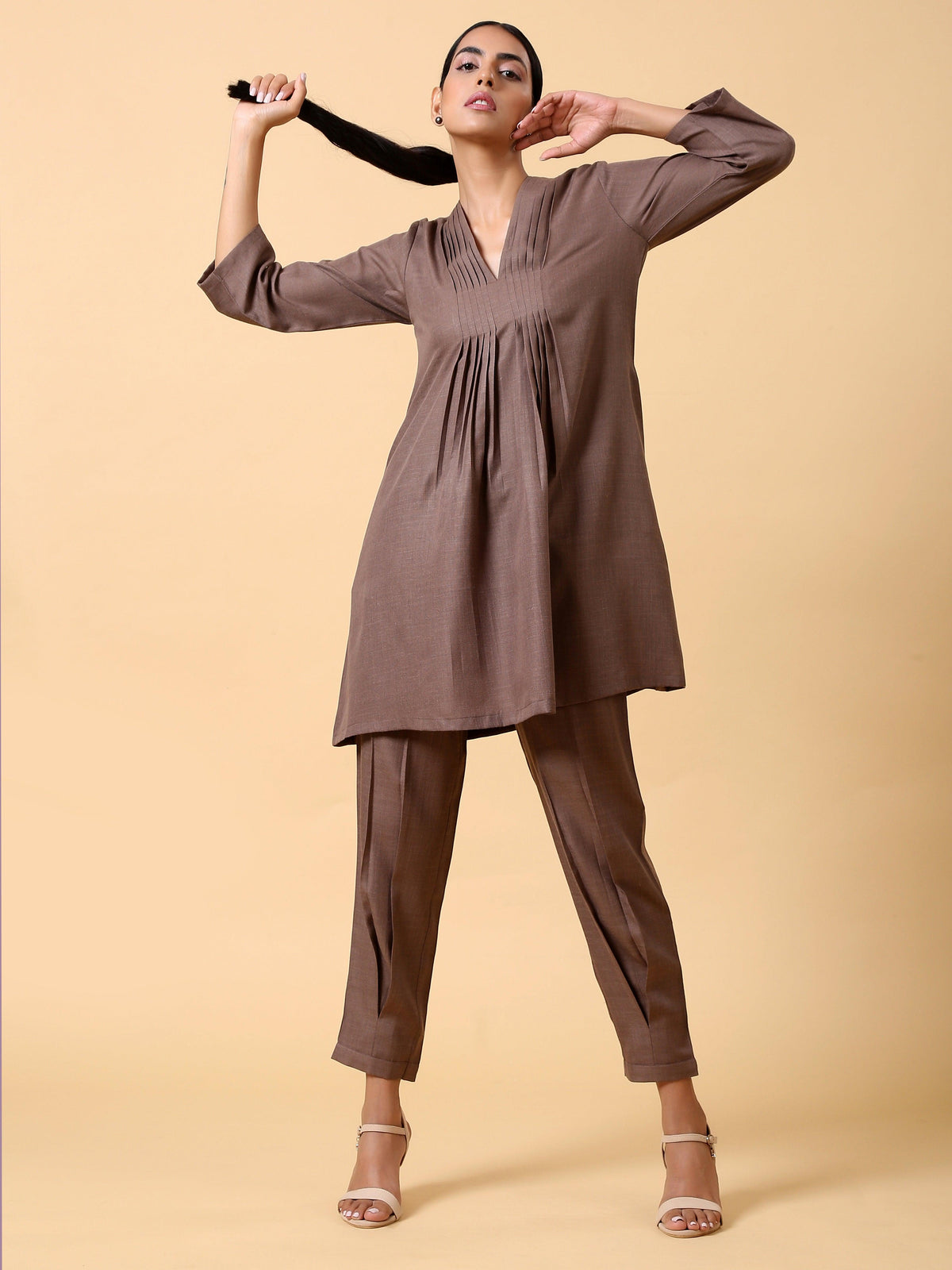 trueBrowns Cotton Linen Burnt Brown Pleated Co-Ord Set | Grocsy