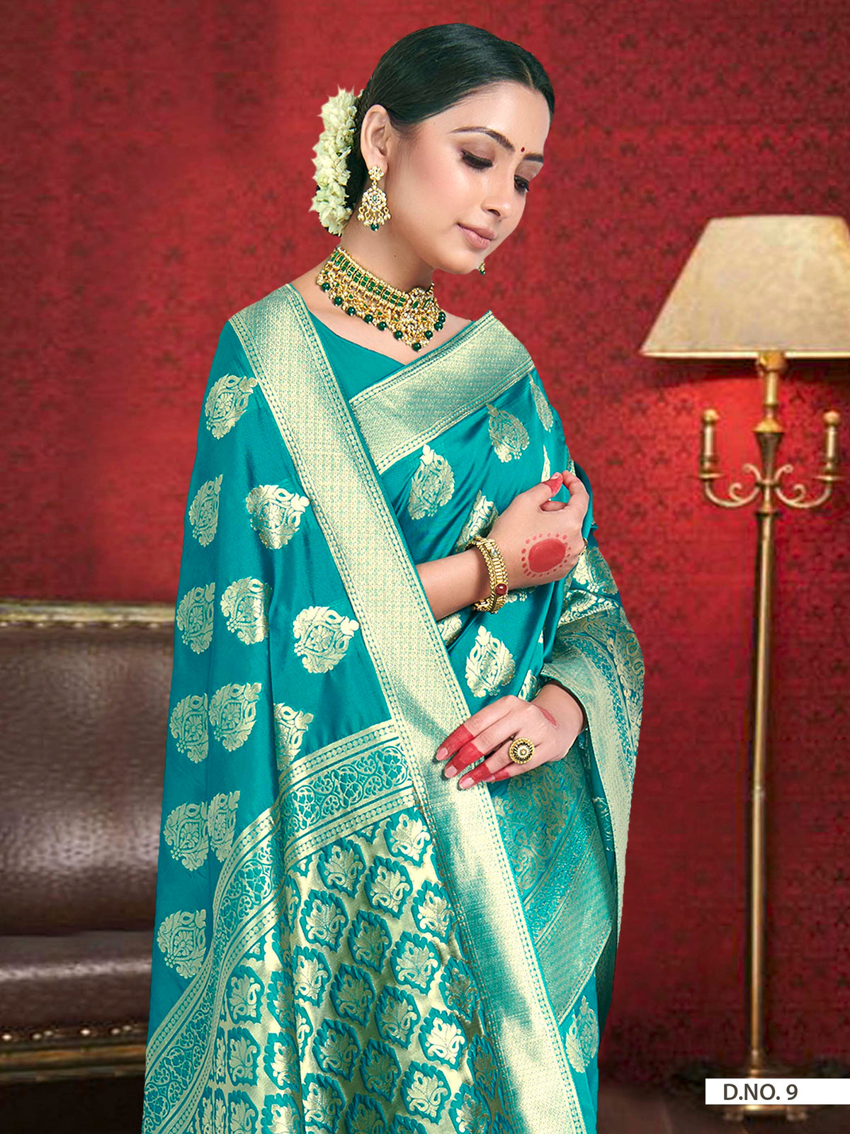 Vardha Teal Blue Woven Zari Betel Leaf Banarasi Saree | Grocsy