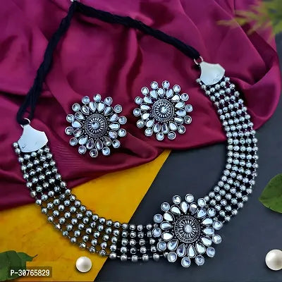 Tehzeeb Creations Women's Silver Plated Necklace Set With Stone - Swadesiicart