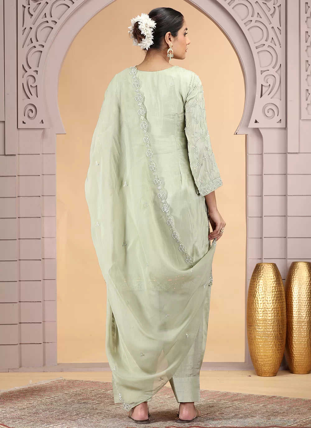 Chhap Light Green Colour Satin Silk Hand Work Salwar Suit | Grocsy