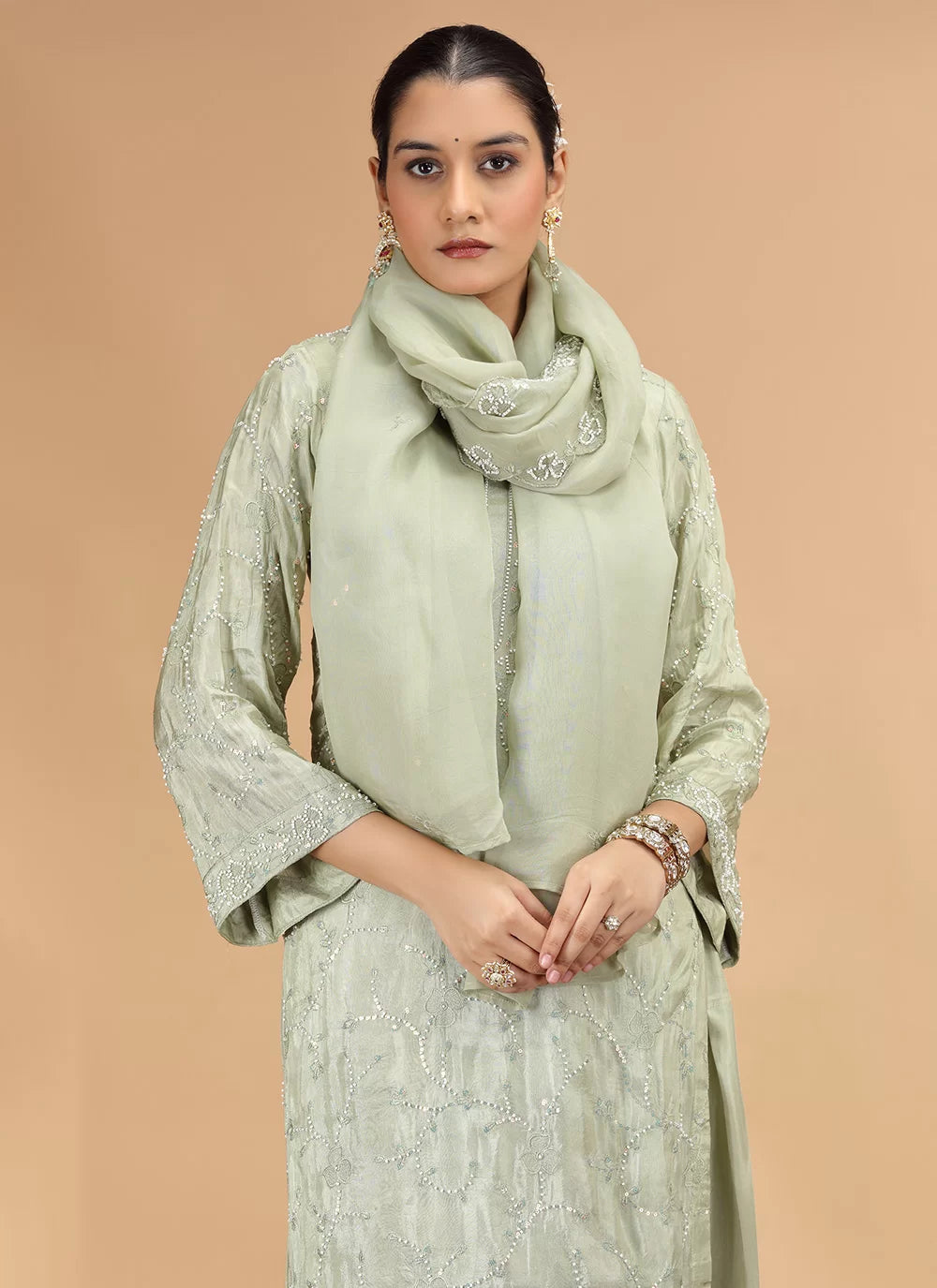 Chhap Light Green Colour Satin Silk Hand Work Salwar Suit | Grocsy