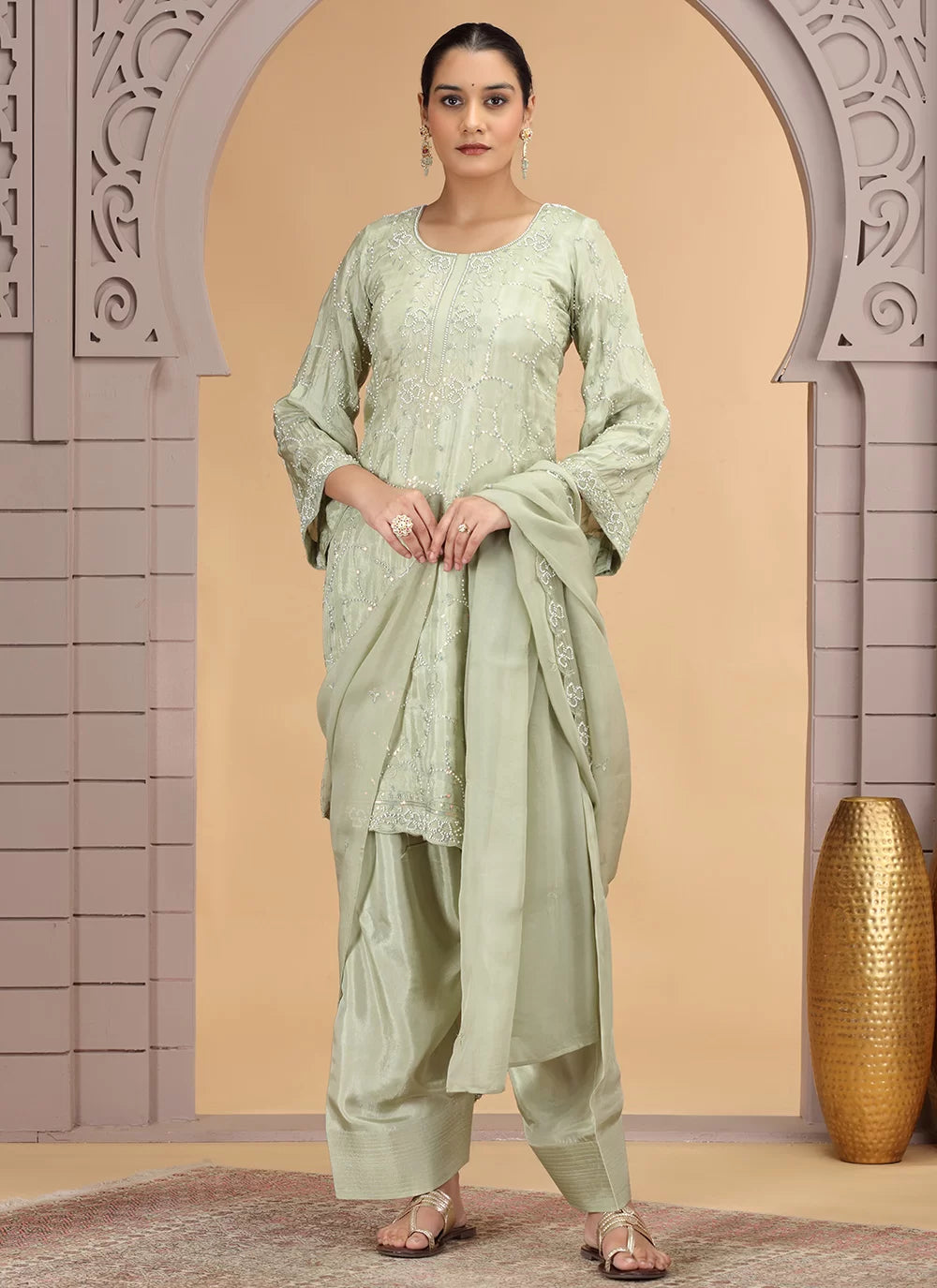 Chhap Light Green Colour Satin Silk Hand Work Salwar Suit | Grocsy