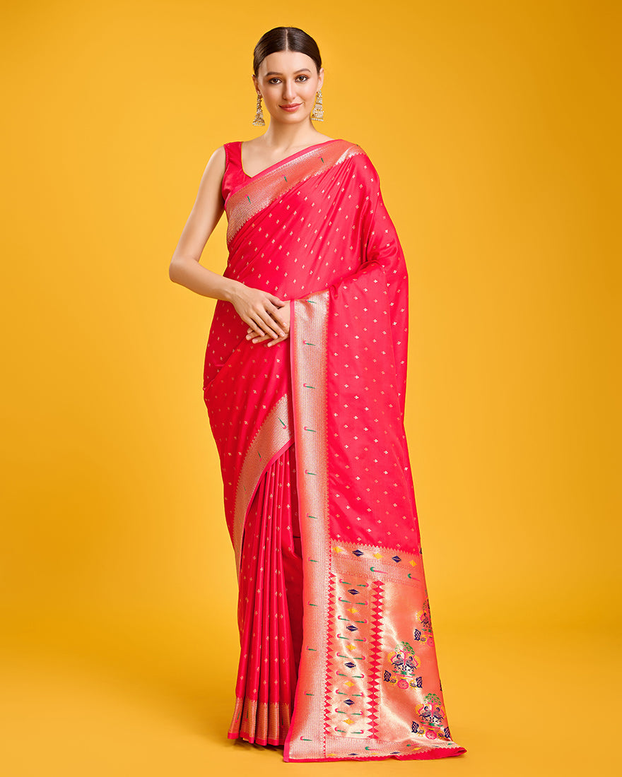 Monjolika Fashion Opulent Paithani In Regal Red Color With Gold Weaves Delicate Zari Work Silk Saree | Grocsy