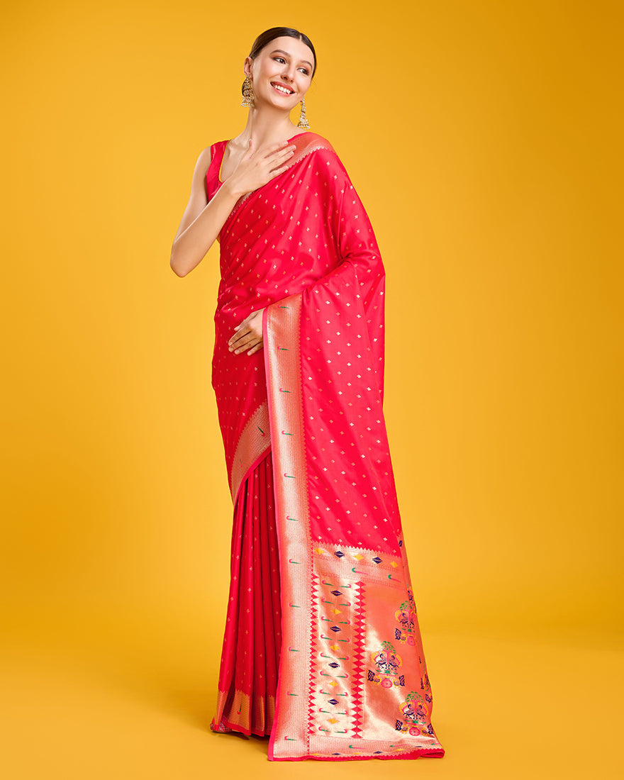 Monjolika Fashion Opulent Paithani In Regal Red Color With Gold Weaves Delicate Zari Work Silk Saree | Grocsy
