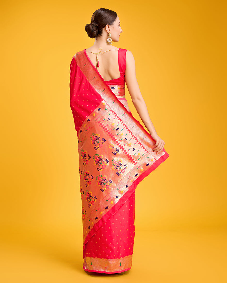 Monjolika Fashion Opulent Paithani In Regal Red Color With Gold Weaves Delicate Zari Work Silk Saree | Grocsy