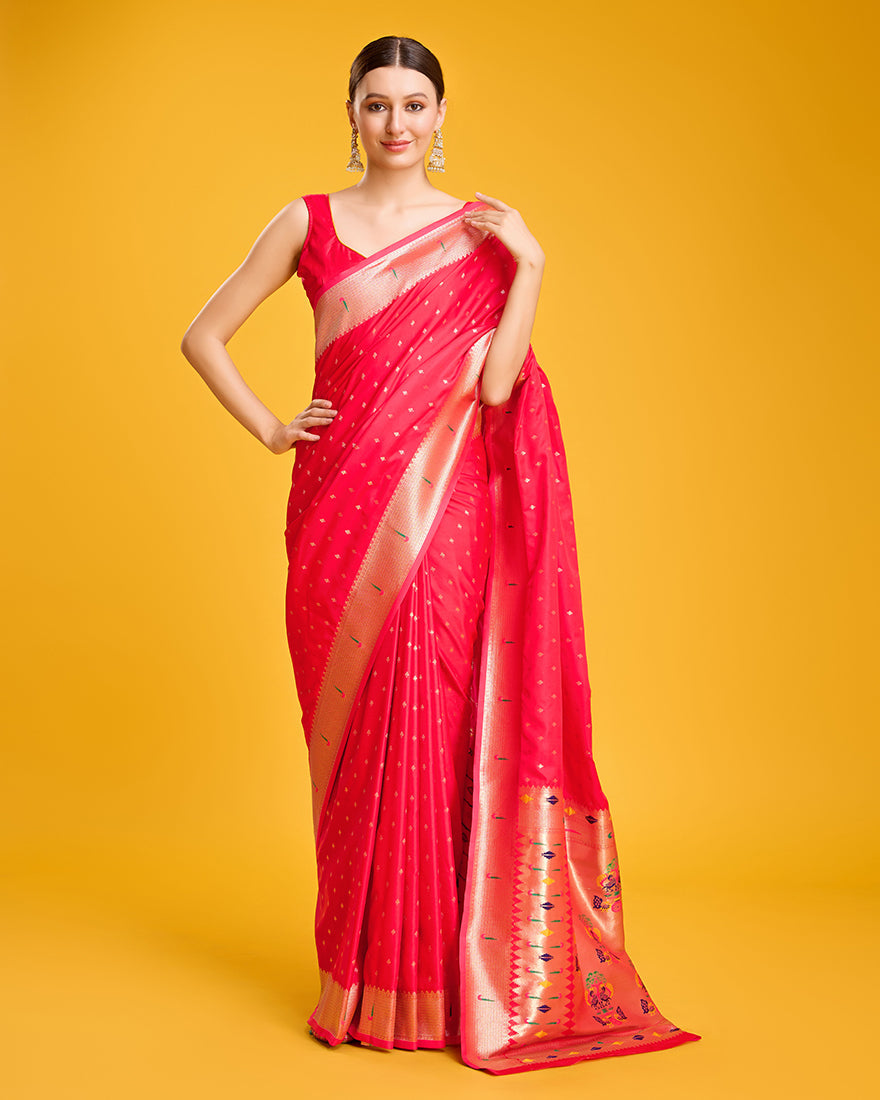 Monjolika Fashion Opulent Paithani In Regal Red Color With Gold Weaves Delicate Zari Work Silk Saree | Grocsy