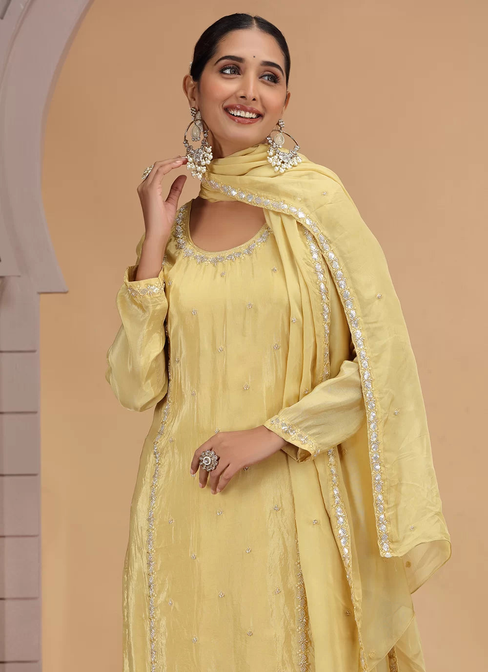 Chhap Yellow Colour Satin Silk Hand Work Salwar Suit | Grocsy