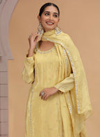 Chhap Yellow Colour Satin Silk Hand Work Salwar Suit | Grocsy