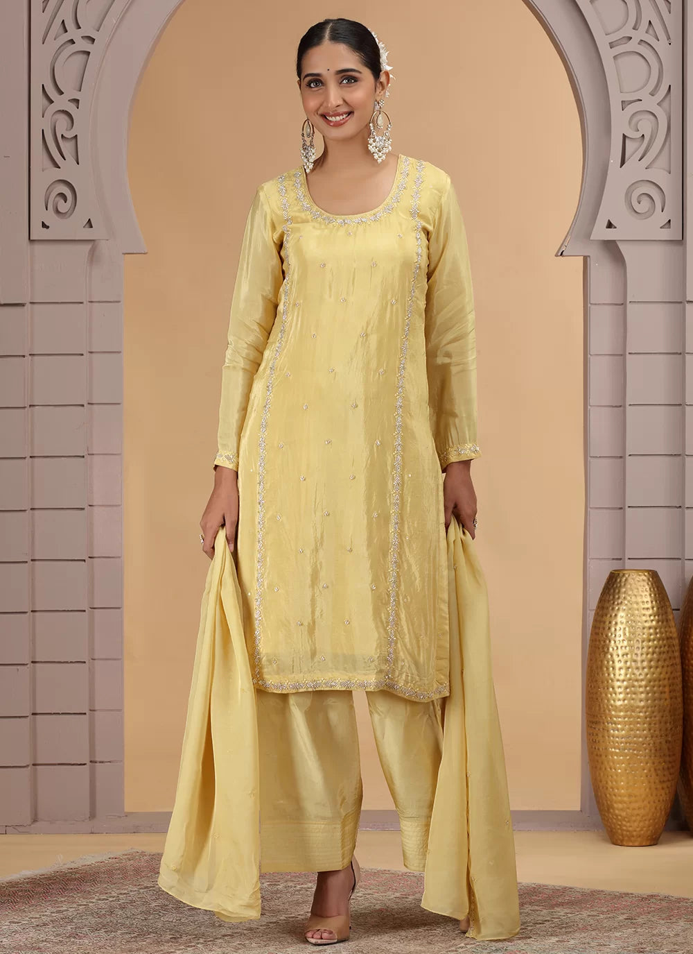 Chhap Yellow Colour Satin Silk Hand Work Salwar Suit | Grocsy