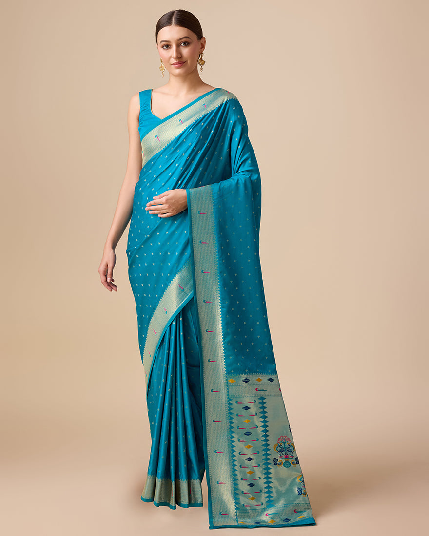 Monjolika Fashion Opulent Paithani In Regal Blue Color With Gold Weaves Delicate Zari Work Silk Saree | Grocsy