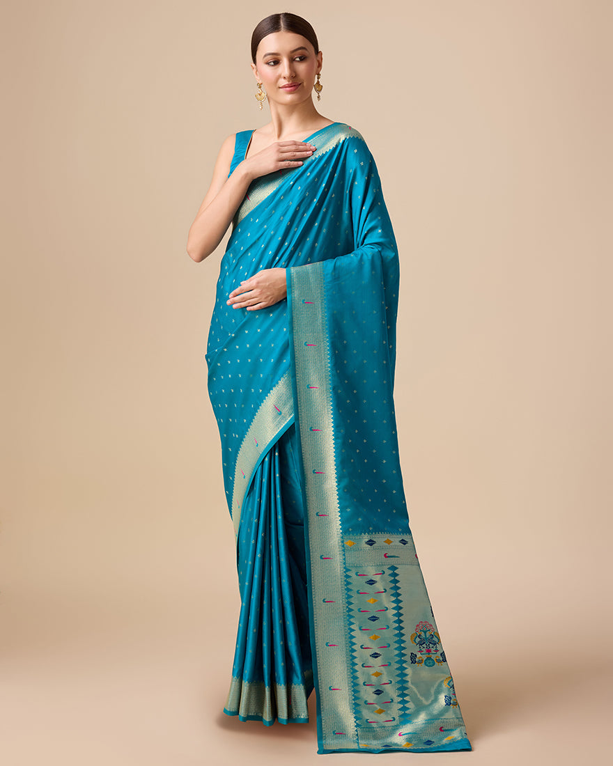 Monjolika Fashion Opulent Paithani In Regal Blue Color With Gold Weaves Delicate Zari Work Silk Saree | Grocsy