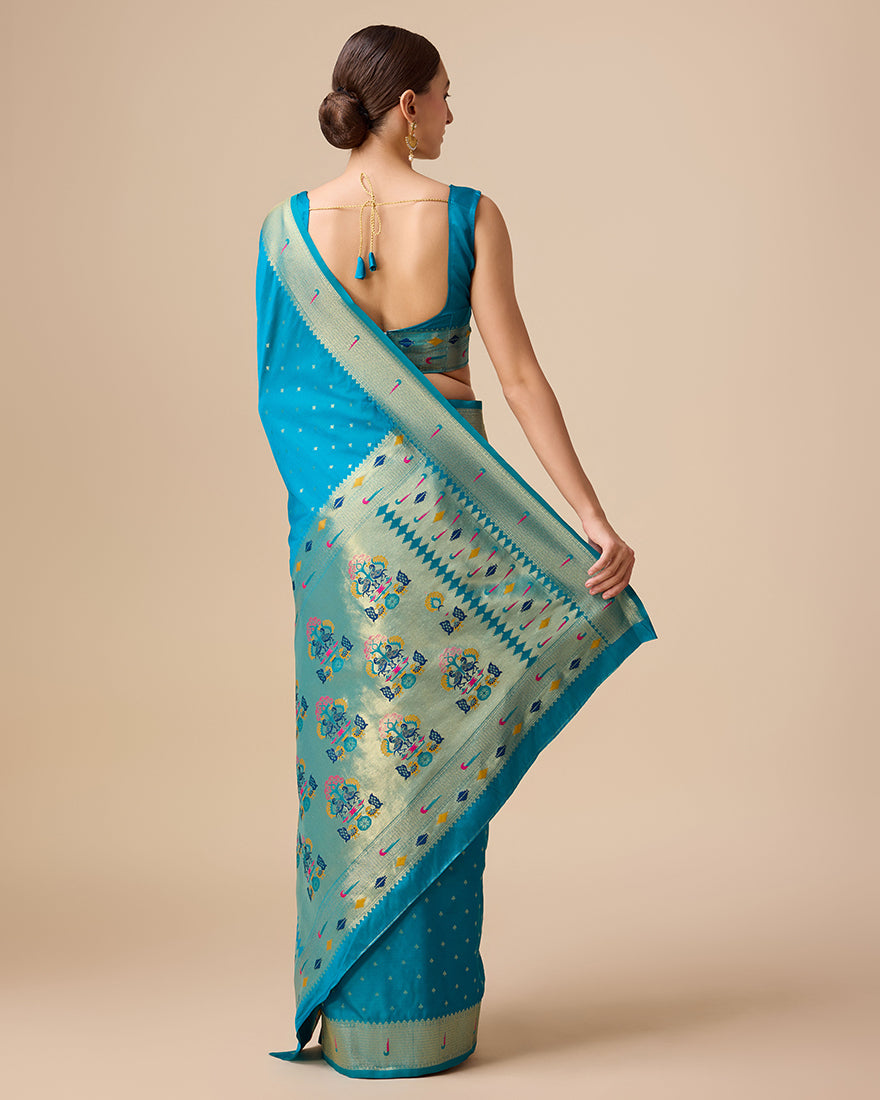 Monjolika Fashion Opulent Paithani In Regal Blue Color With Gold Weaves Delicate Zari Work Silk Saree | Grocsy