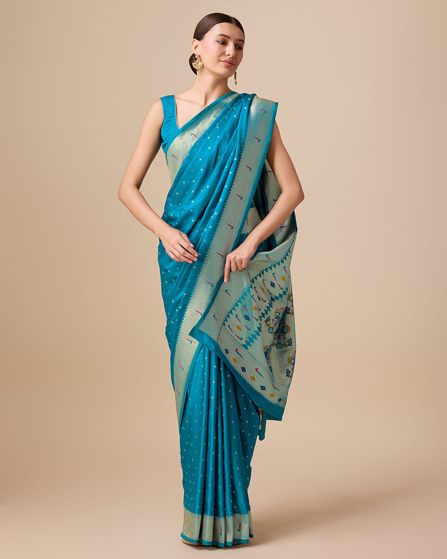 Monjolika Fashion Opulent Paithani In Regal Blue Color With Gold Weaves Delicate Zari Work Silk Saree | Grocsy