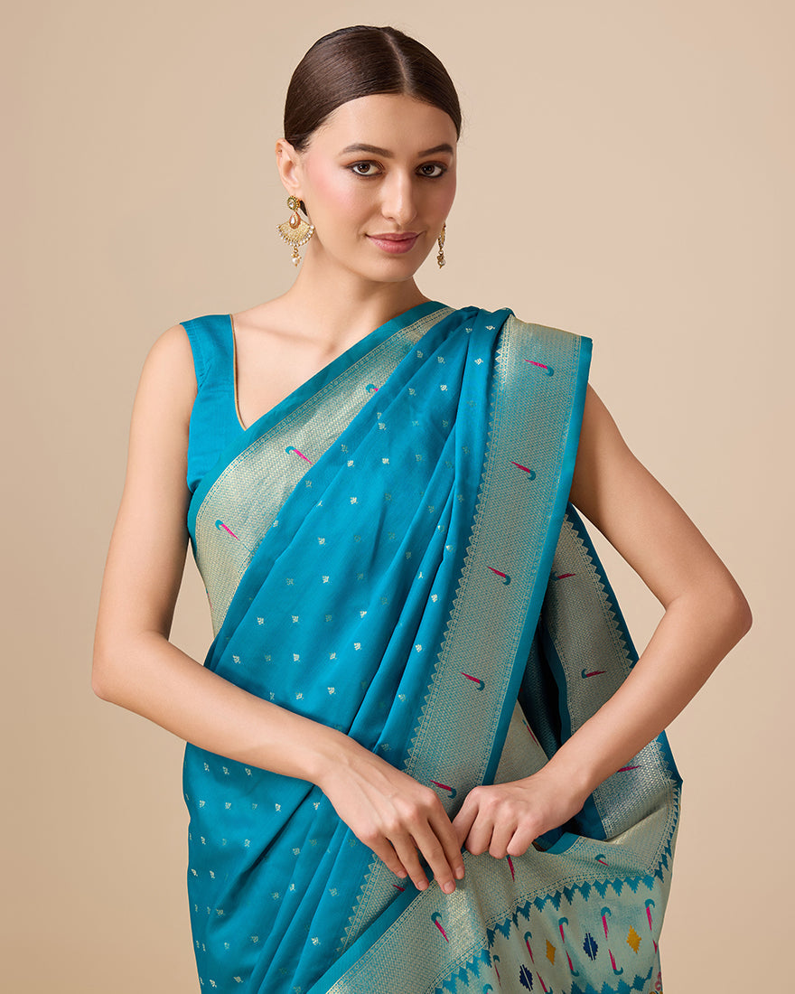 Monjolika Fashion Opulent Paithani In Regal Blue Color With Gold Weaves Delicate Zari Work Silk Saree | Grocsy