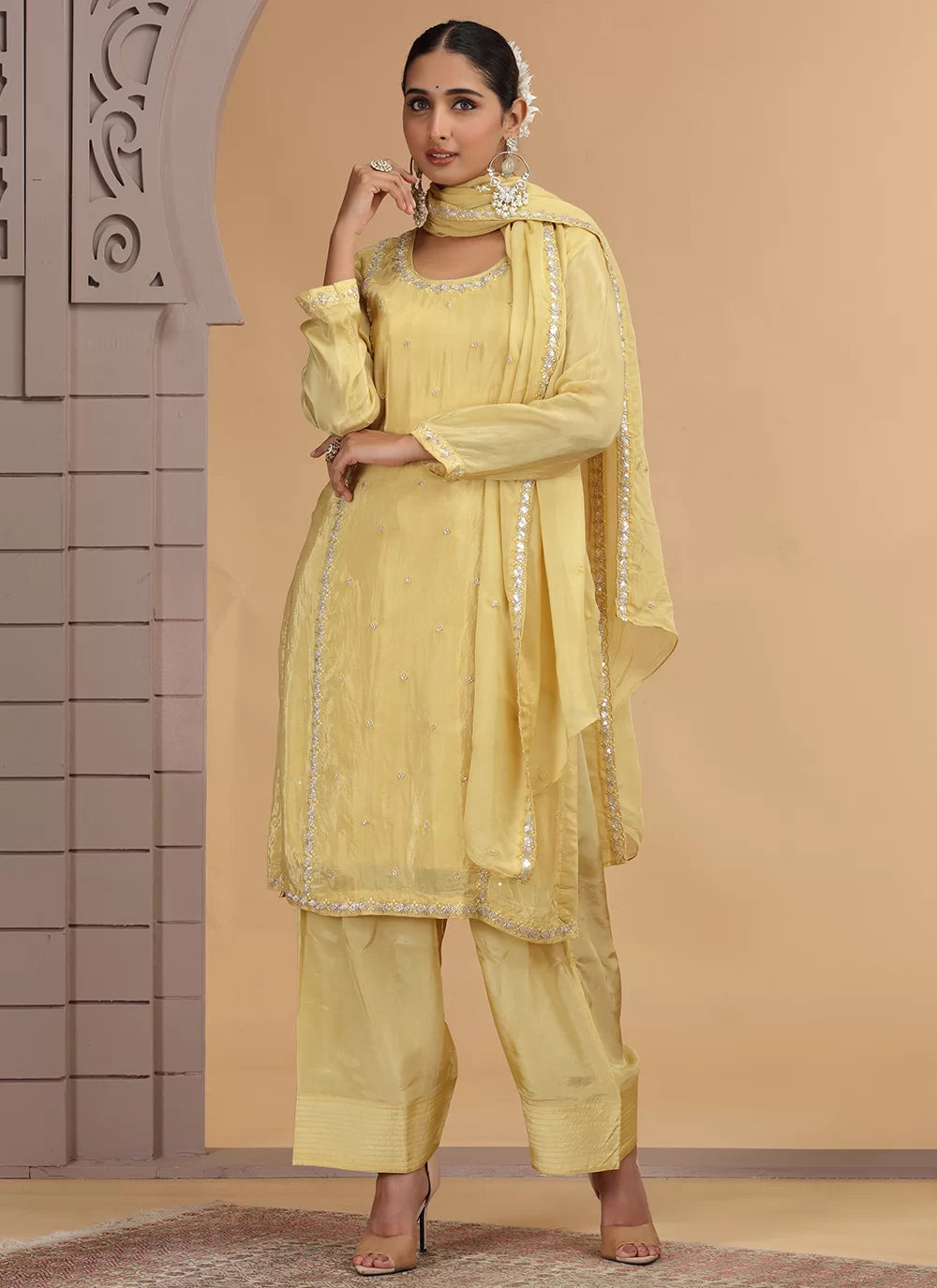 Chhap Yellow Colour Satin Silk Hand Work Salwar Suit | Grocsy