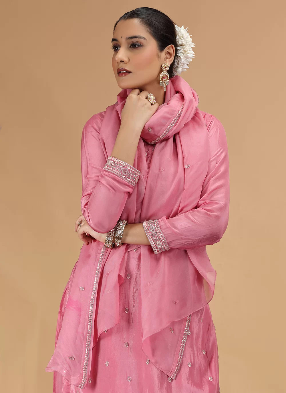Chhap Pink Colour Satin Silk Hand Work Salwar Suit | Grocsy