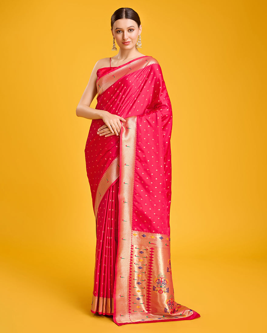 Monjolika Fashion Opulent Paithani In Regal Bright Pink Color With Gold Weaves Delicate Zari Work Silk Saree | Grocsy