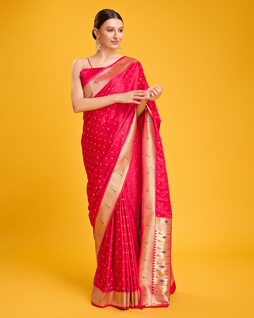 Monjolika Fashion Opulent Paithani In Regal Bright Pink Color With Gold Weaves Delicate Zari Work Silk Saree | Grocsy