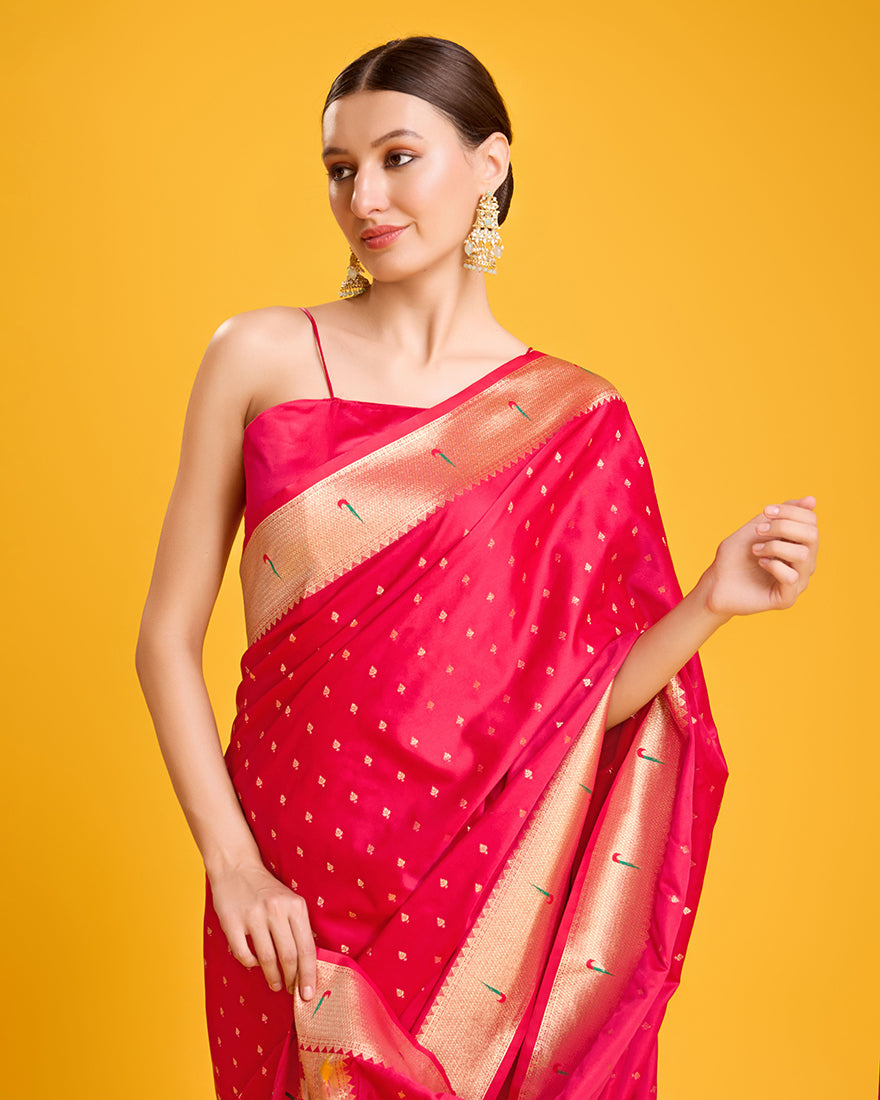 Monjolika Fashion Opulent Paithani In Regal Bright Pink Color With Gold Weaves Delicate Zari Work Silk Saree | Grocsy