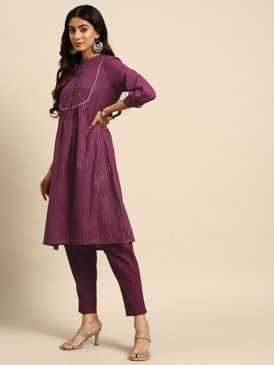 All About You Striped Pleated Sequinned Pure Cotton Kurta with Trousers | Grocsy