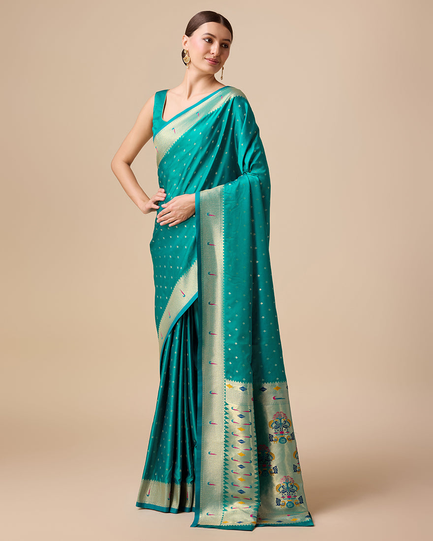 Monjolika Fashion Opulent Paithani In Regal Turquoise Color With Gold Weaves Delicate Zari Work Silk Saree | Grocsy