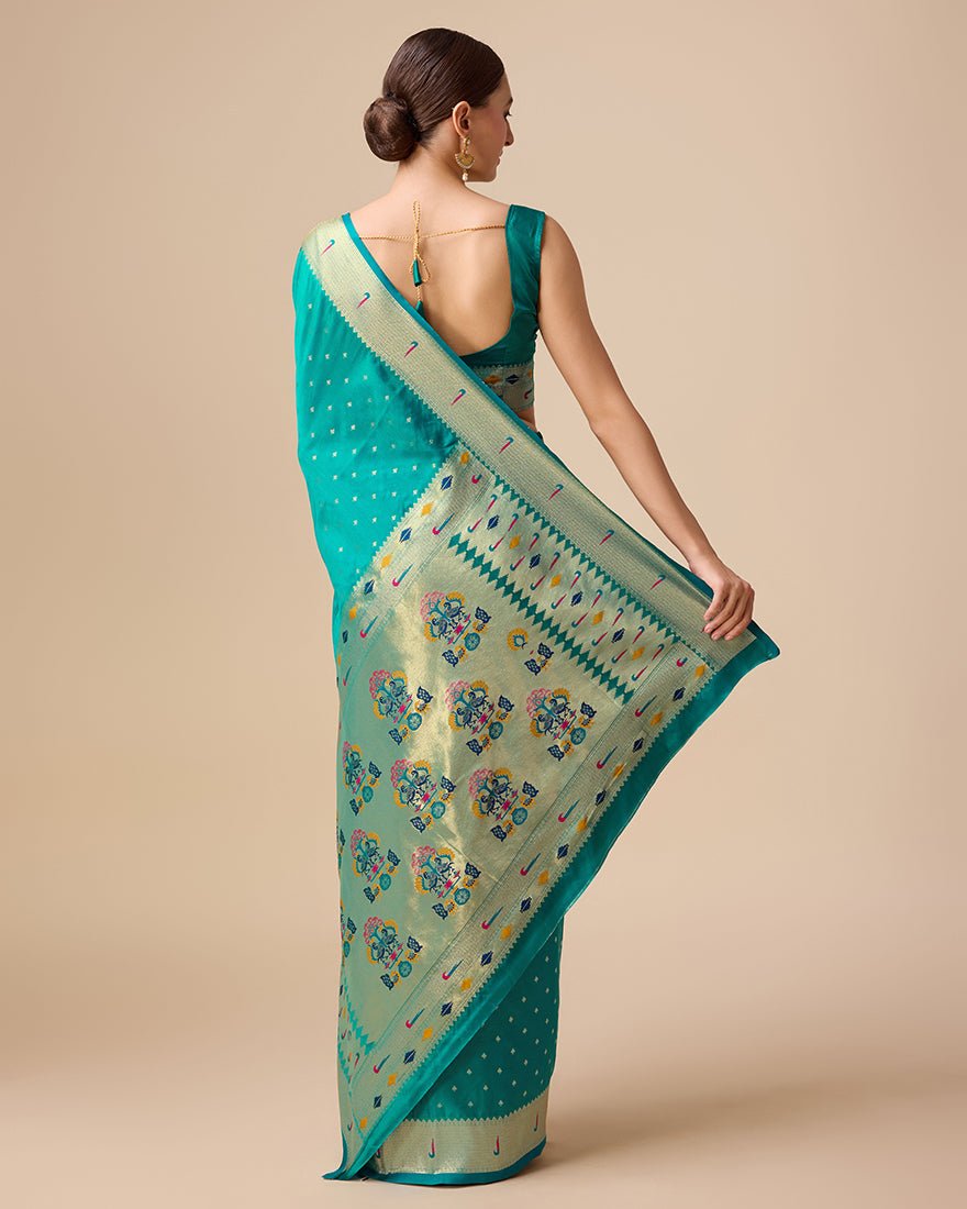 Monjolika Fashion Opulent Paithani In Regal Turquoise Color With Gold Weaves Delicate Zari Work Silk Saree | Grocsy