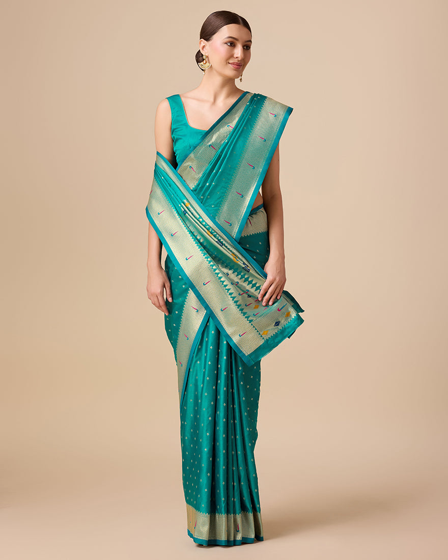 Monjolika Fashion Opulent Paithani In Regal Turquoise Color With Gold Weaves Delicate Zari Work Silk Saree | Grocsy