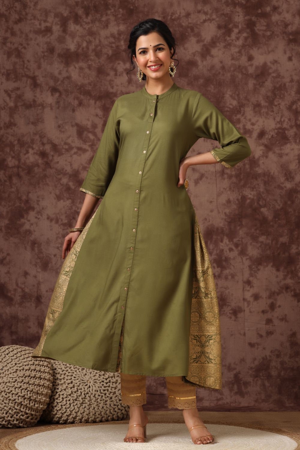 Juniper Womens Olive Rayon Foil Printed Kurta | Grocsy