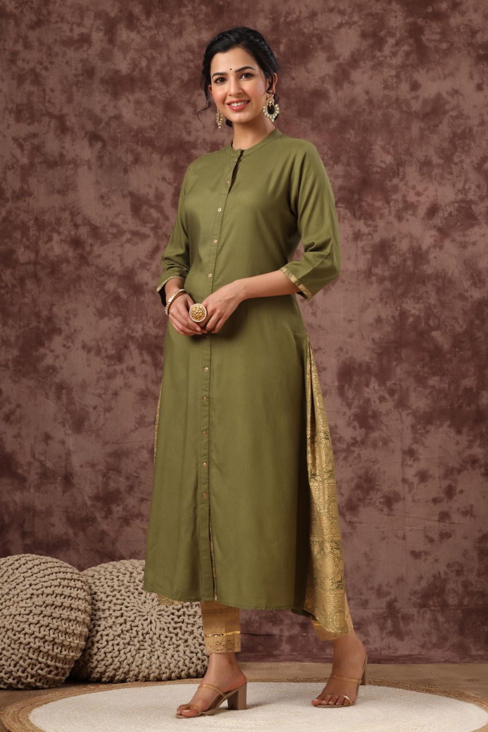 Juniper Womens Olive Rayon Foil Printed Kurta | Grocsy
