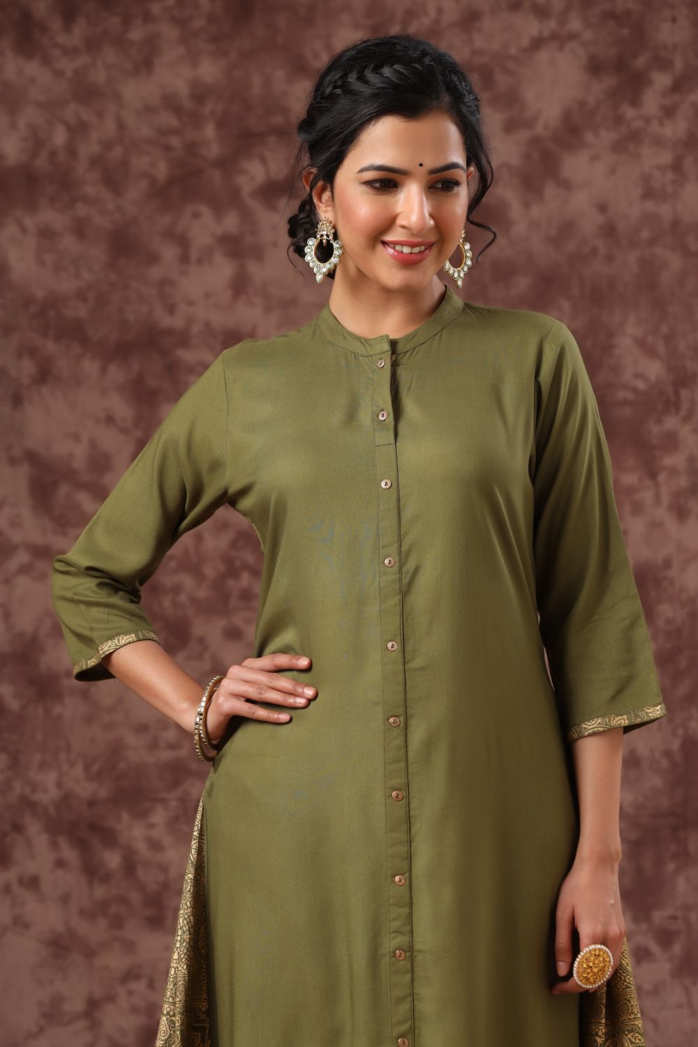 Juniper Womens Olive Rayon Foil Printed Kurta | Grocsy